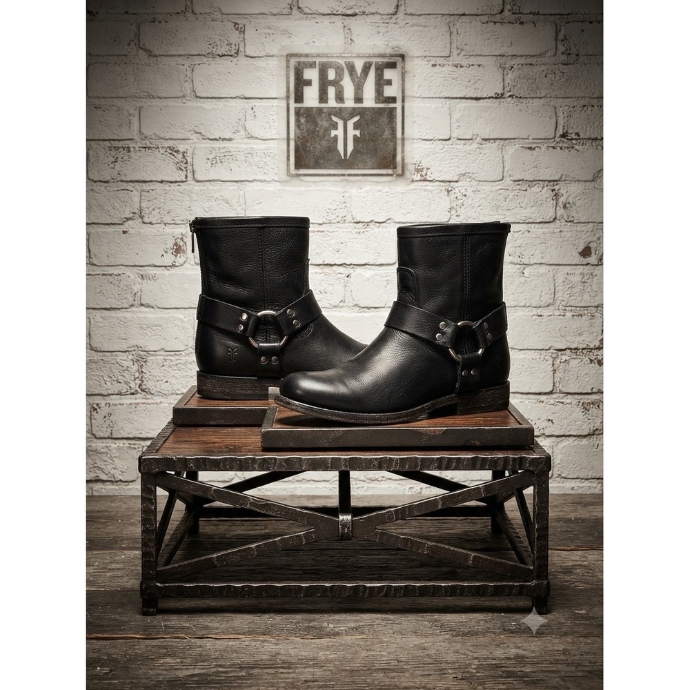 Frye Phillip Harness Black Leather Ankle Boots Back Zip Moto 6